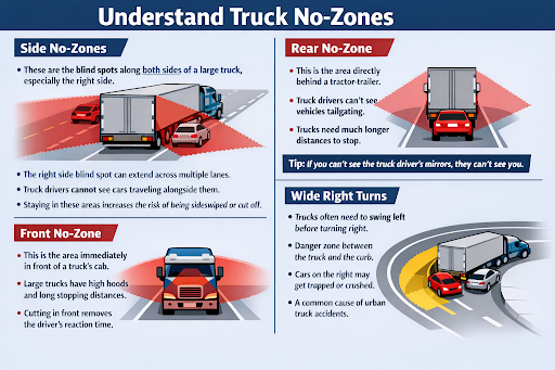 An infographic explaining side no-zones, rear no-zone, front no-zone, and wide right-turn no-zone